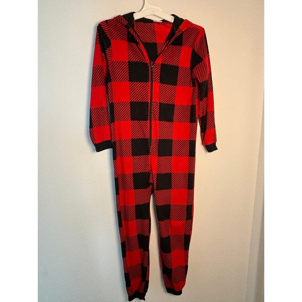 Cat & Jack Boys Red Black Buffalo Plaid Fleece Hooded‎ One Piece Pajamas Size 12